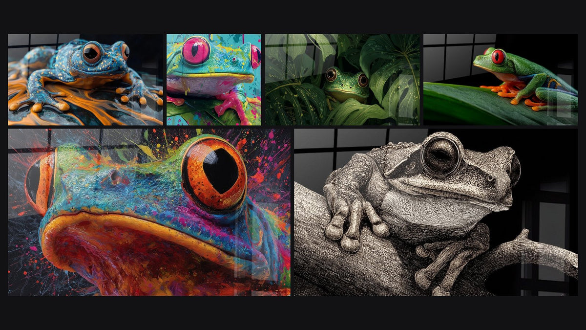 Mosaïque de six tableaux, dont Grenouille N°1 et Rainette verte aux yeux rouge vif