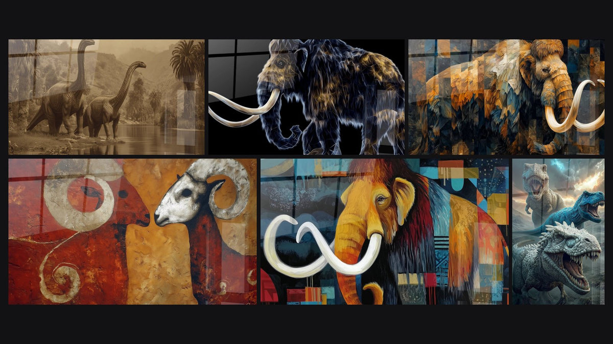Mosaïque de six tableaux, dont Dinosaures sauropodes au bord de l'eau et Mammouth laineux effet néon