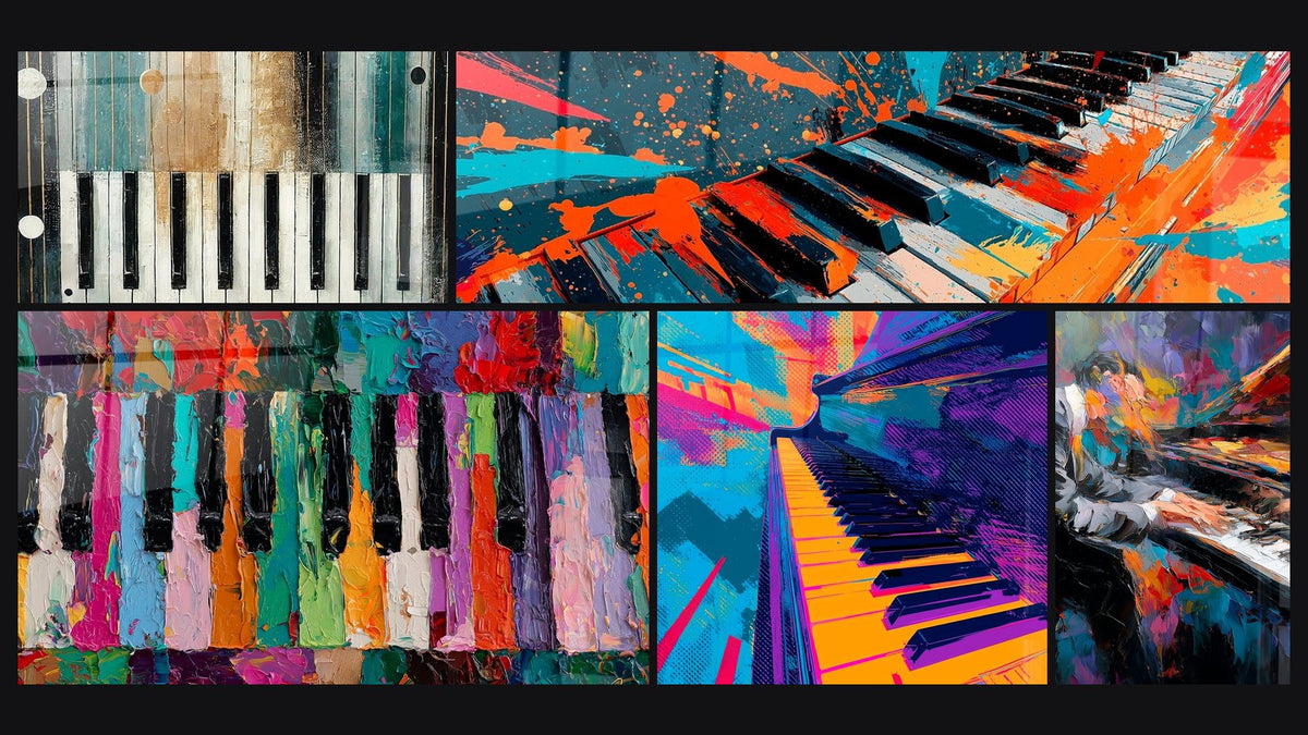 Mosaïque de cinq tableaux, dont Symphonie en abstraction et Musique piano orange et violet pop art