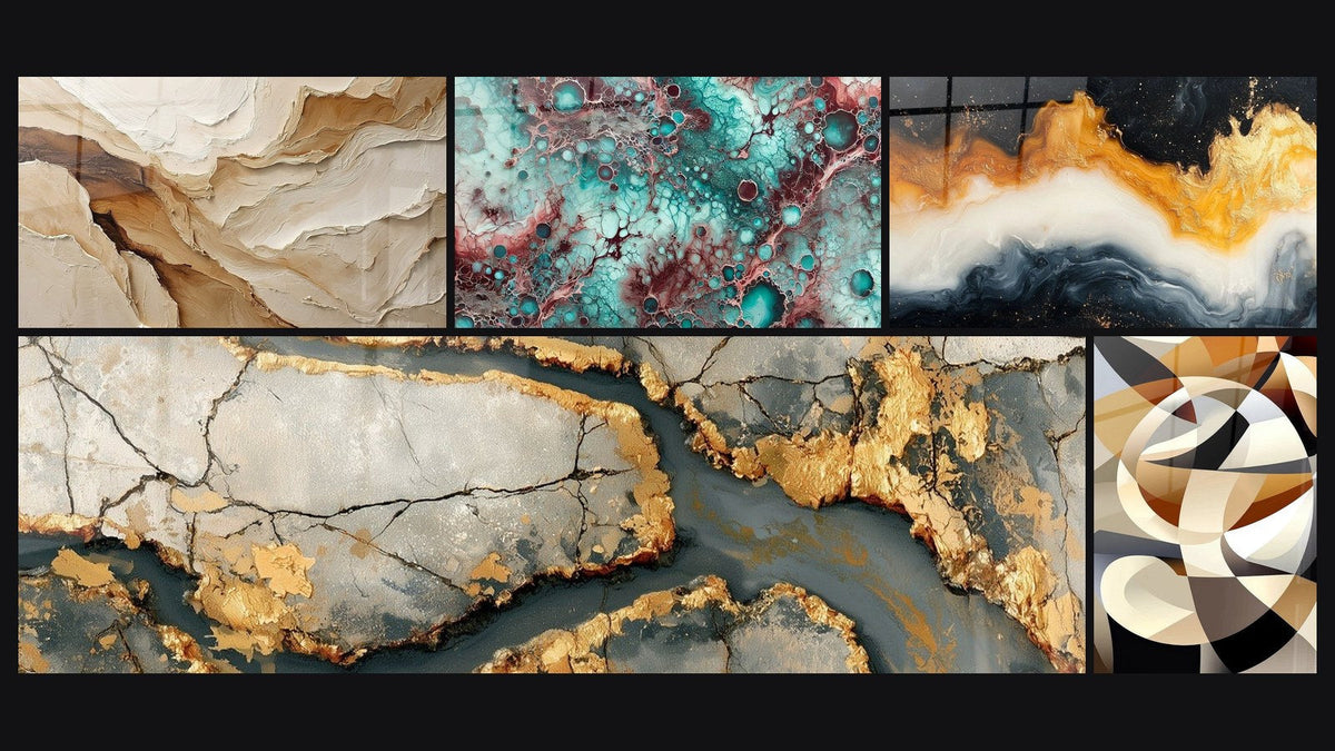 Mosaïque de cinq tableaux, dont Abstrait Beige et Terre, Essence de Grenat et Marbrure dorée aux failles anthracite