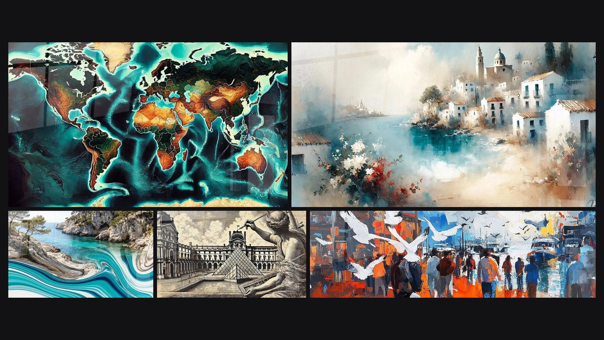 Mosaïque de cinq tableaux, dont Carte du Monde N°1, Crique Méditerranéenne et Espagne N°2