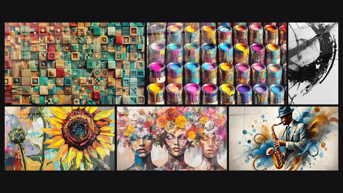Mosaïque de six tableaux, dont Imbrication des Couleurs, L'Art en Boîte et Tournesol N°2