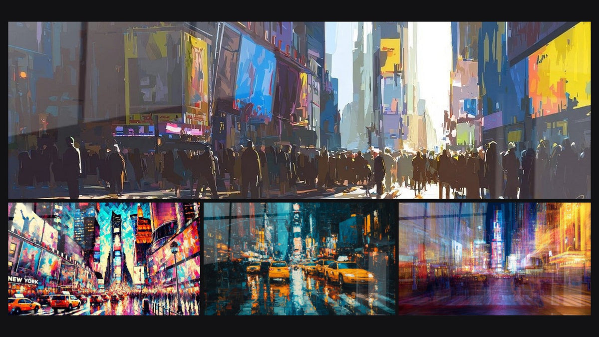 Mosaico di quattro quadri, tra cui Times Square sotto la pioggia e Times Square astratta