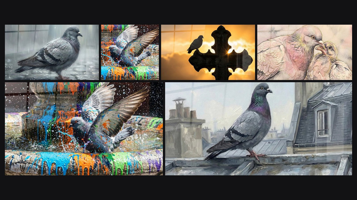 Mosaic of six paintings, including Gray Pigeon in Urban Rain