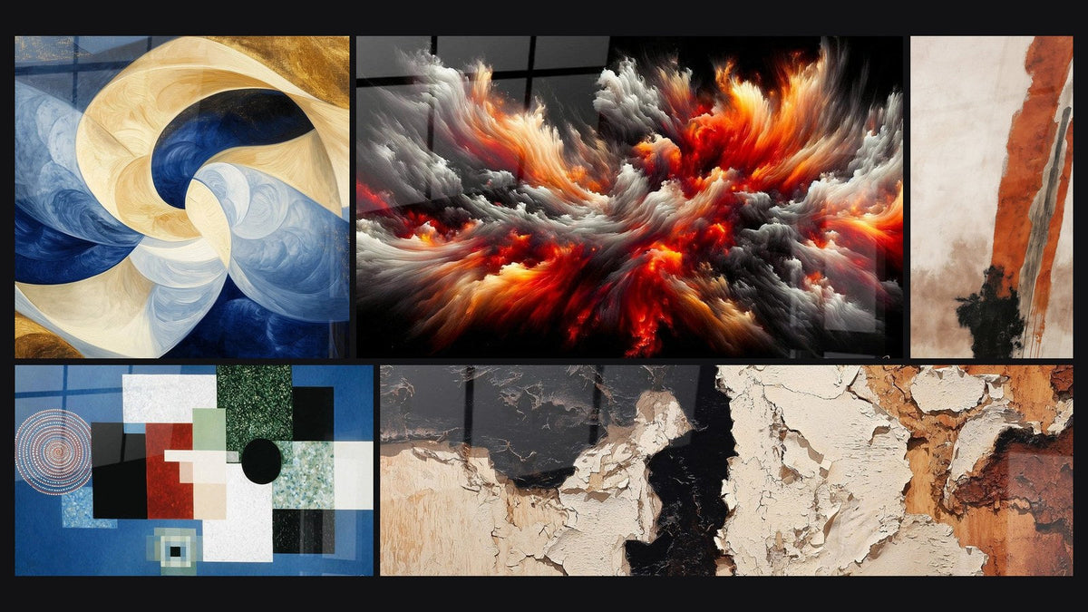 Mosaïque de cinq tableaux, dont Souffle Divin Blanc, Tempête Solaire Abyssale et Composition Géométrique Ordre Rationnel