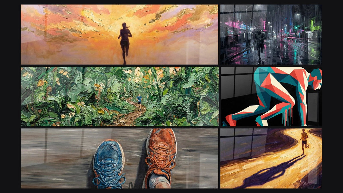 Mosaïque de six tableaux, dont Coureur au Coucher de Soleil, Sentier Nature et Chaussures de Running