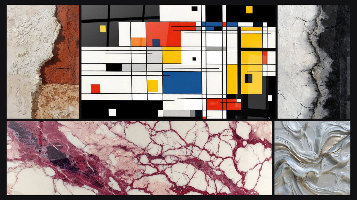 Mosaik aus fünf Gemälden, darunter Farbige geometrische Komposition