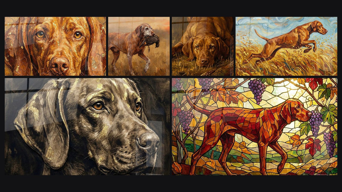 Mosaïque de six tableaux, dont Chien Roux aux Yeux Dorés et Portrait de Chien Brun aux Reflets Dorés