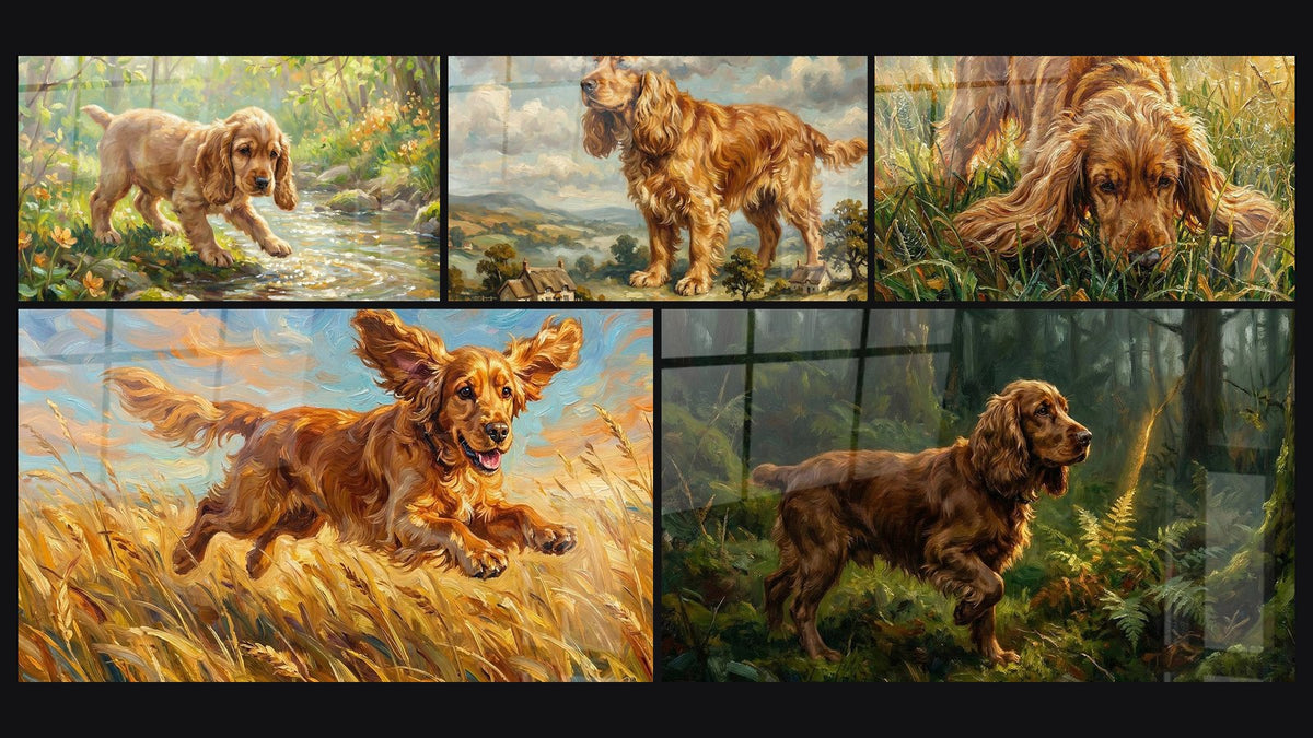 Mosaico di cinque quadri, tra cui Cane che Salta in un Campo Dorato e Cocker Dorato nel Paesaggio di Campagna