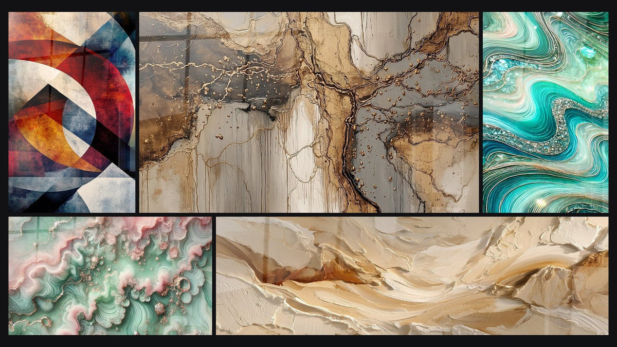 Mosaïque de cinq tableaux, dont Formes géométriques circulaires, Brume Émeraude et Vagues Cristallines