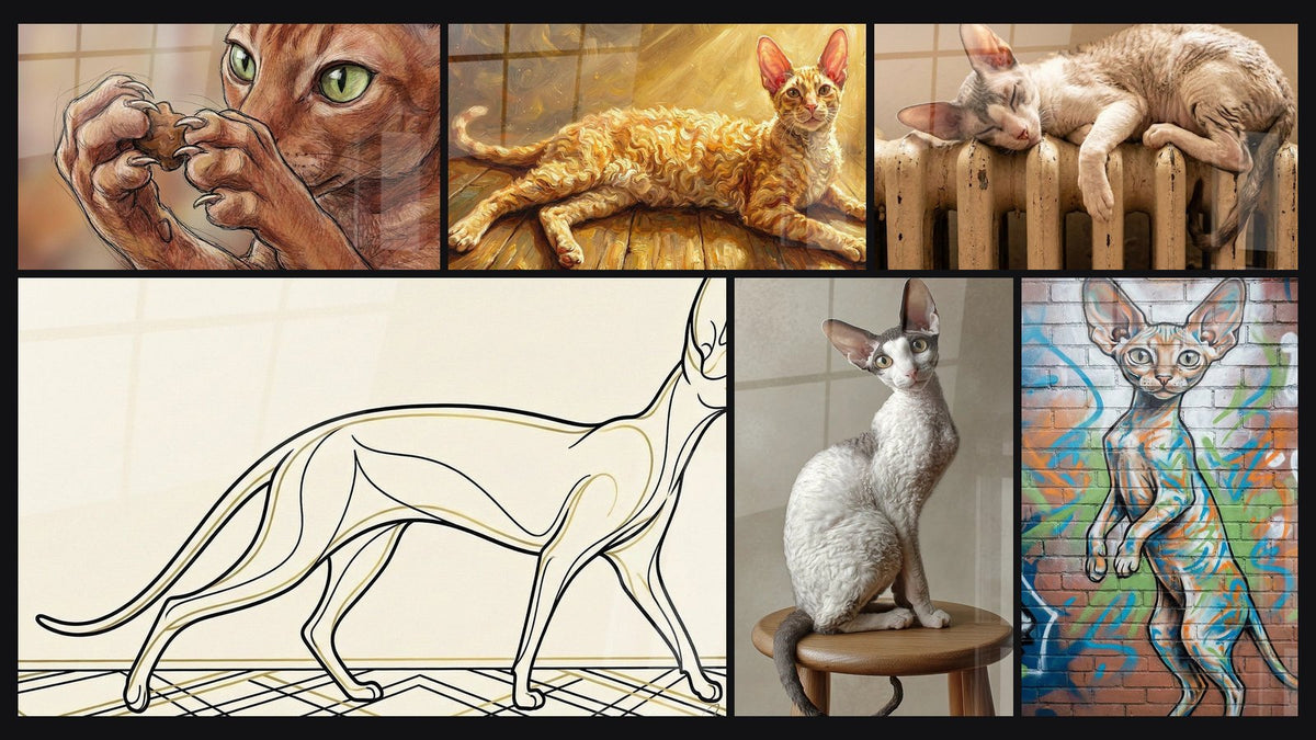 Mosaik aus sechs Gemälden, darunter Cornish Rex Katze mit grünen Augen und Cornish Rex Katze vergoldet in der Sonne