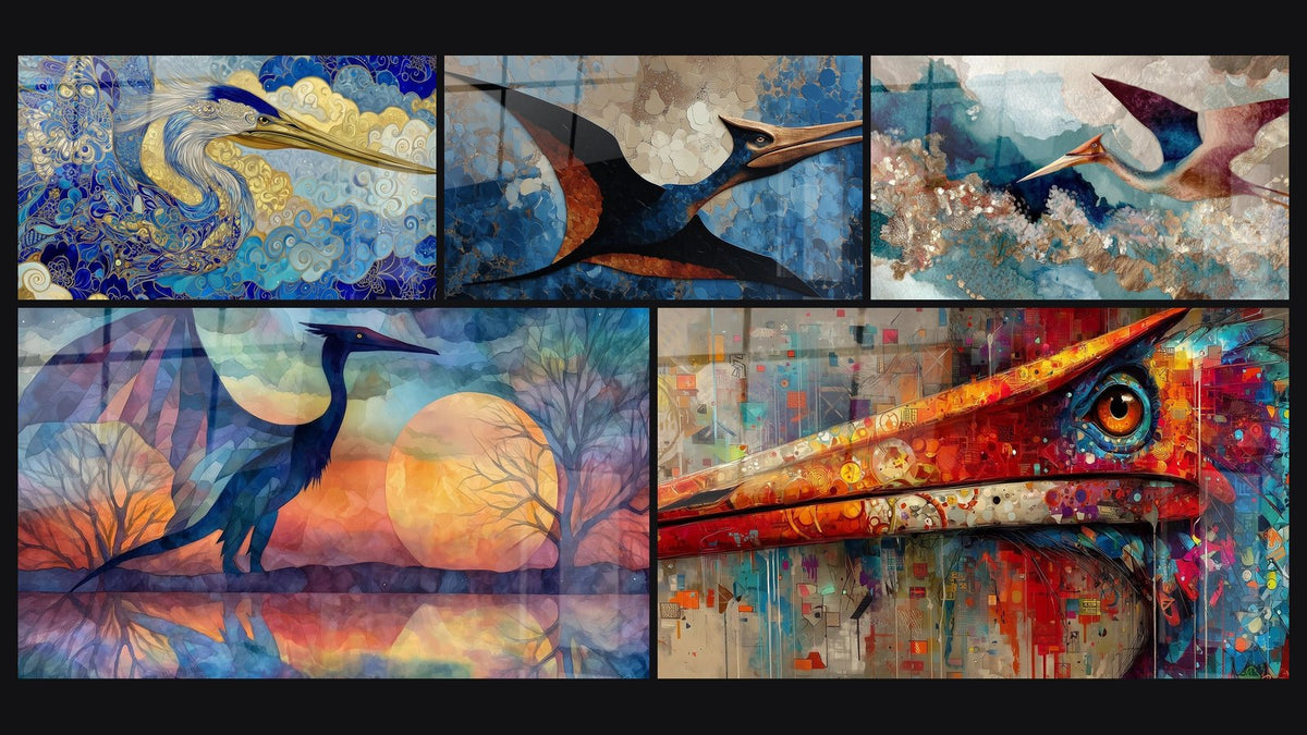 Mozaika pięciu obrazów, w tym Quetzalcoatlus Ornamentacyjny, Quetzalcoatlus Geometryczny i Ptaka Abstrakcyjnego
