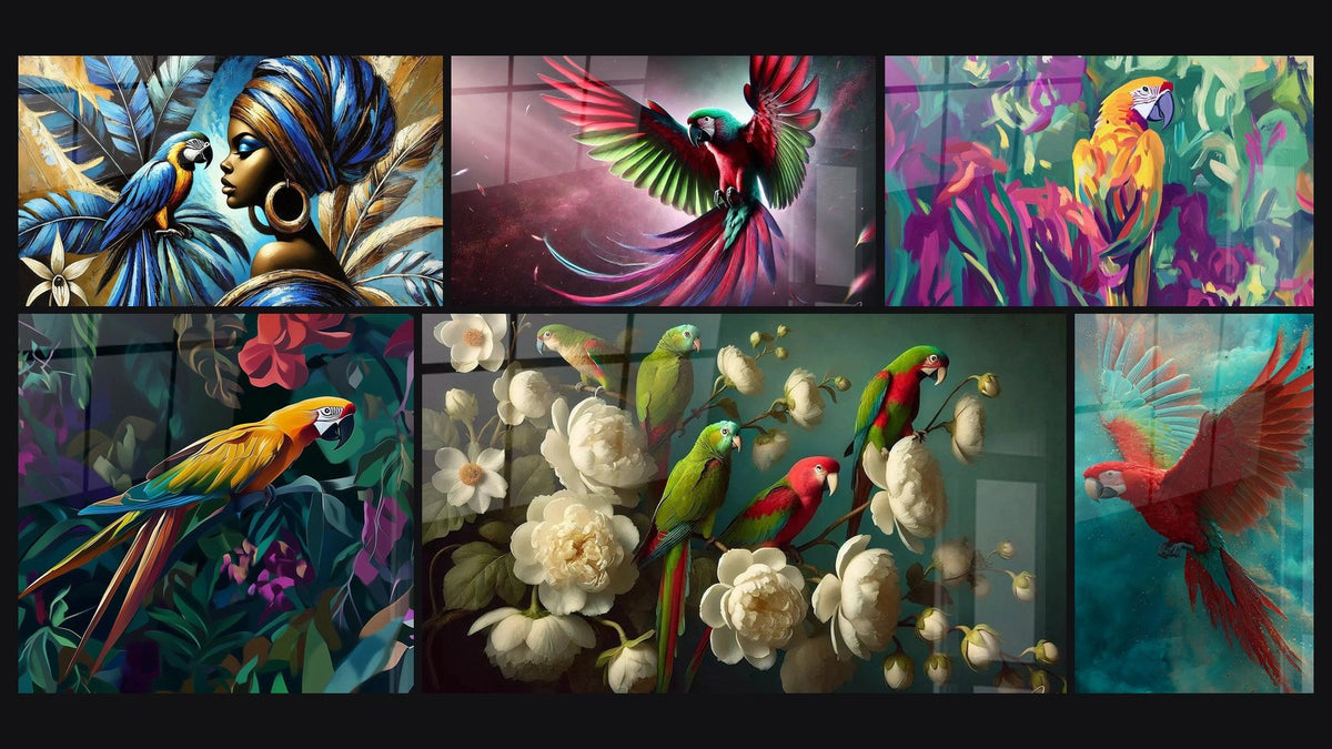Mosaico de seis cuadros, entre ellos Diálogo de Oro y Azul, Alas de Rubí y Loro mensajero del paraíso