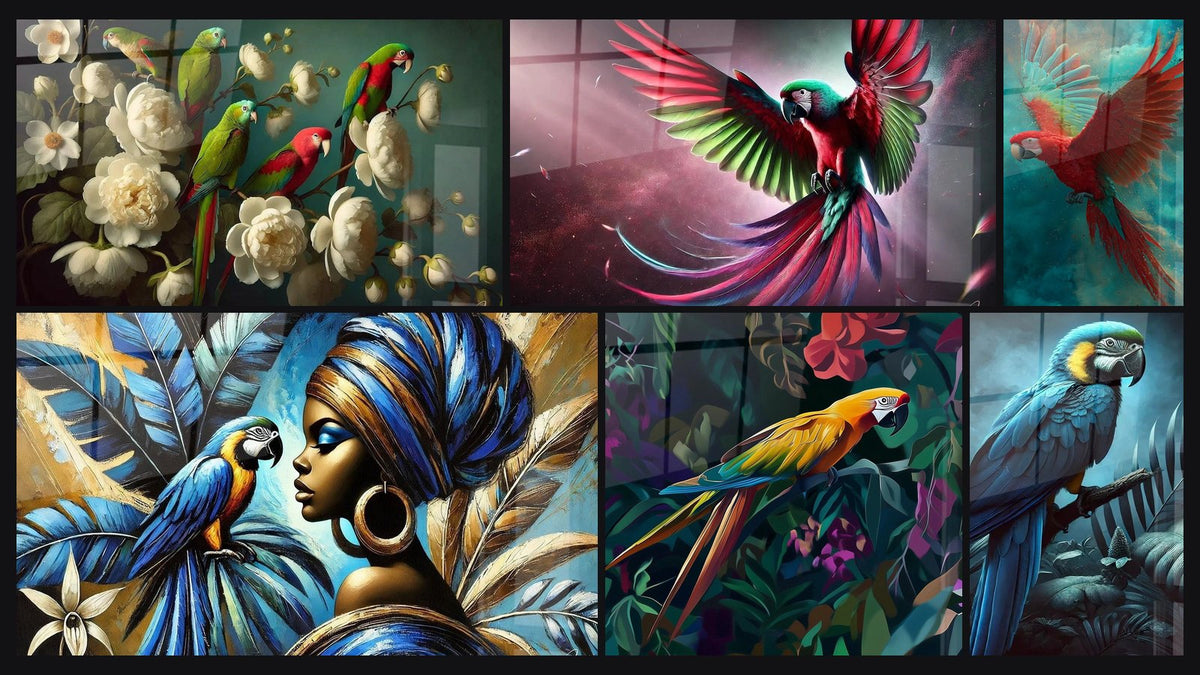 Mosaico de seis cuadros, entre ellos Jardín Exótico, Alas de Rubí y Diálogo de Oro y Azul