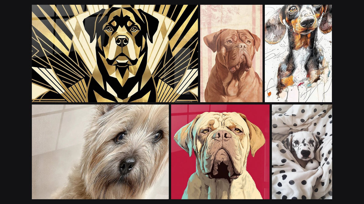 Mosaïque de six tableaux, dont Chien Stylisé Art Déco Dorée et Noire, Teckel N°1 et Dalmatien N°5