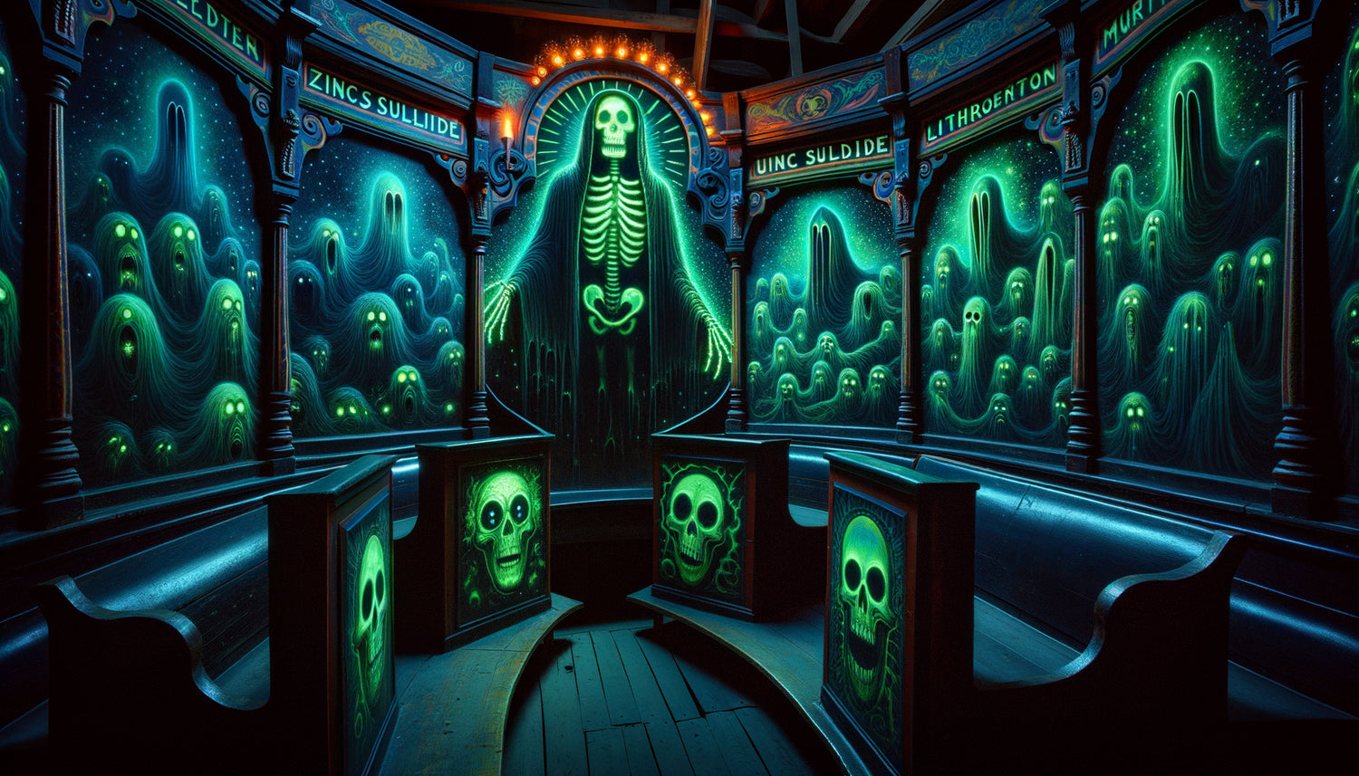 Décor horrifique phosphorescent de foire foraine années 1920 avec squelettes et fantômes luminescents sous lumière noire