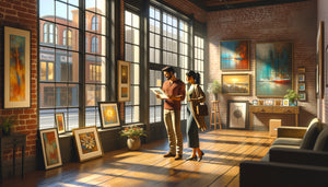 Découverte chaleureuse d'une galerie d'art locale de quartier, visiteur en conversation avec artiste dans espace intimiste contemporain