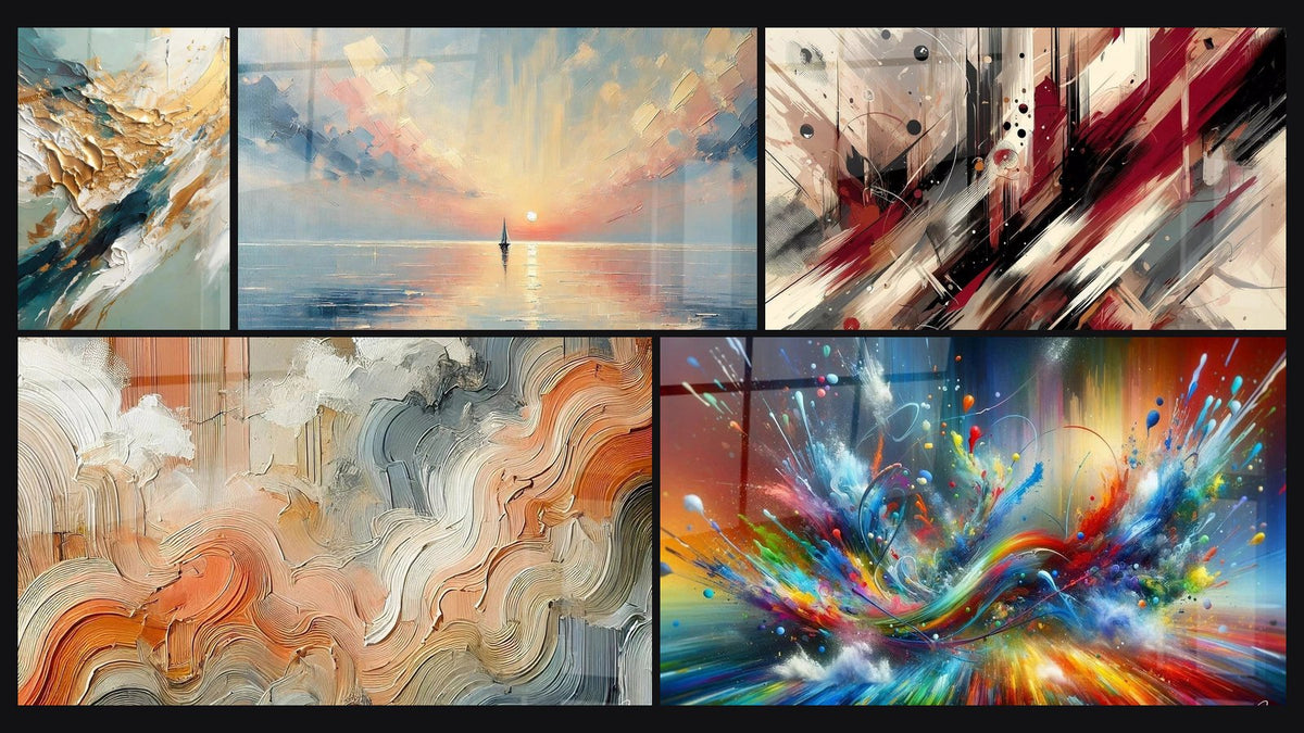 Mosaico de cinco cuadros, entre ellos Flujo y Retroceso Dorado, Sol de los Últimos Instantes y Turbulencia Artística