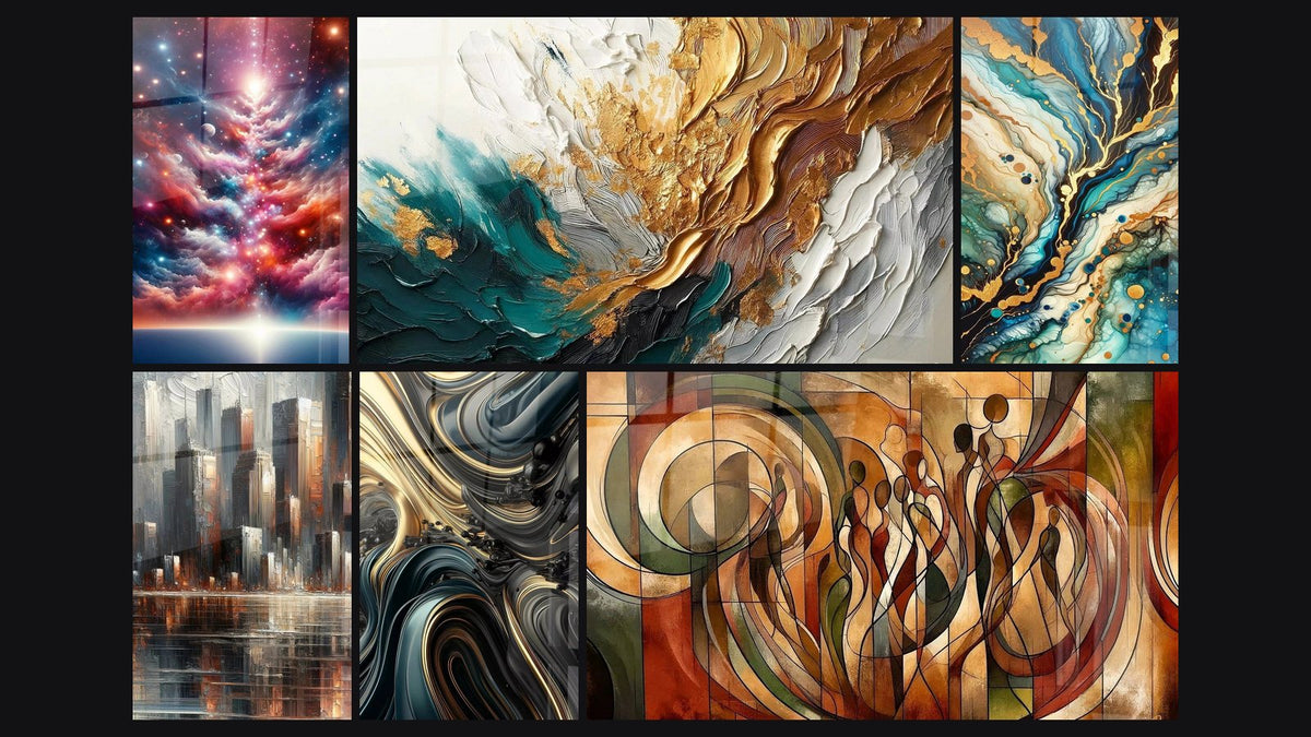 Mosaico de seis cuadros, entre ellos Sinfonía Astral, Trazos en Oro y Jade y Reflexiones Urbanas