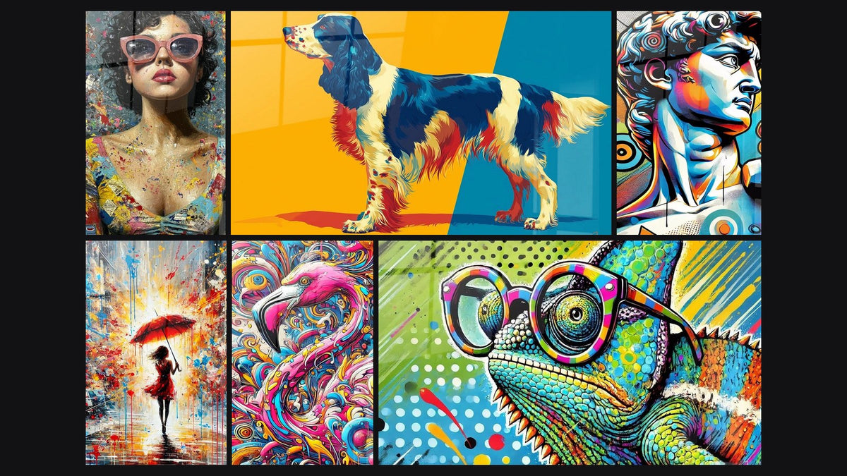Mosaïque de six tableaux, dont Pop Art, Chien Tricolore aux Tons Pop Art et Pluie de Couleurs