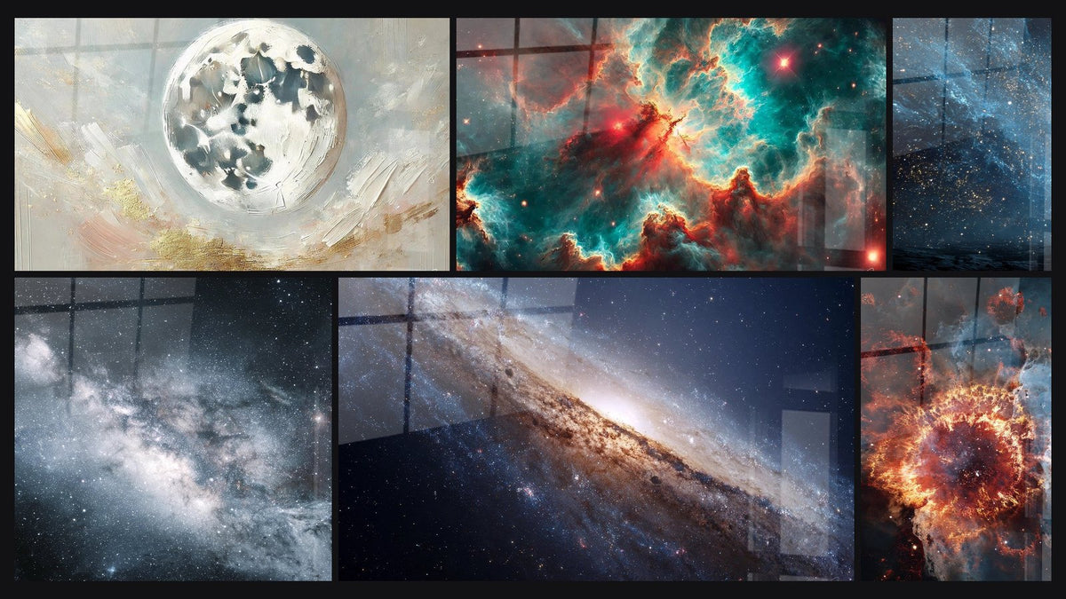 Mosaic of six paintings, including The Moon and Gold, Milky Way and Andromeda Galaxy