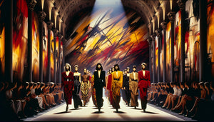 Défilé de mode années 1980 avec projections monumentales de peintures néo-expressionnistes aux couleurs vives en arrière-plan