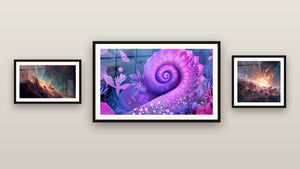 Mur de galerie avec trois tableaux encadrés : Escargot cosmique violet, Nébuleuse stellaire et Explosion cosmique