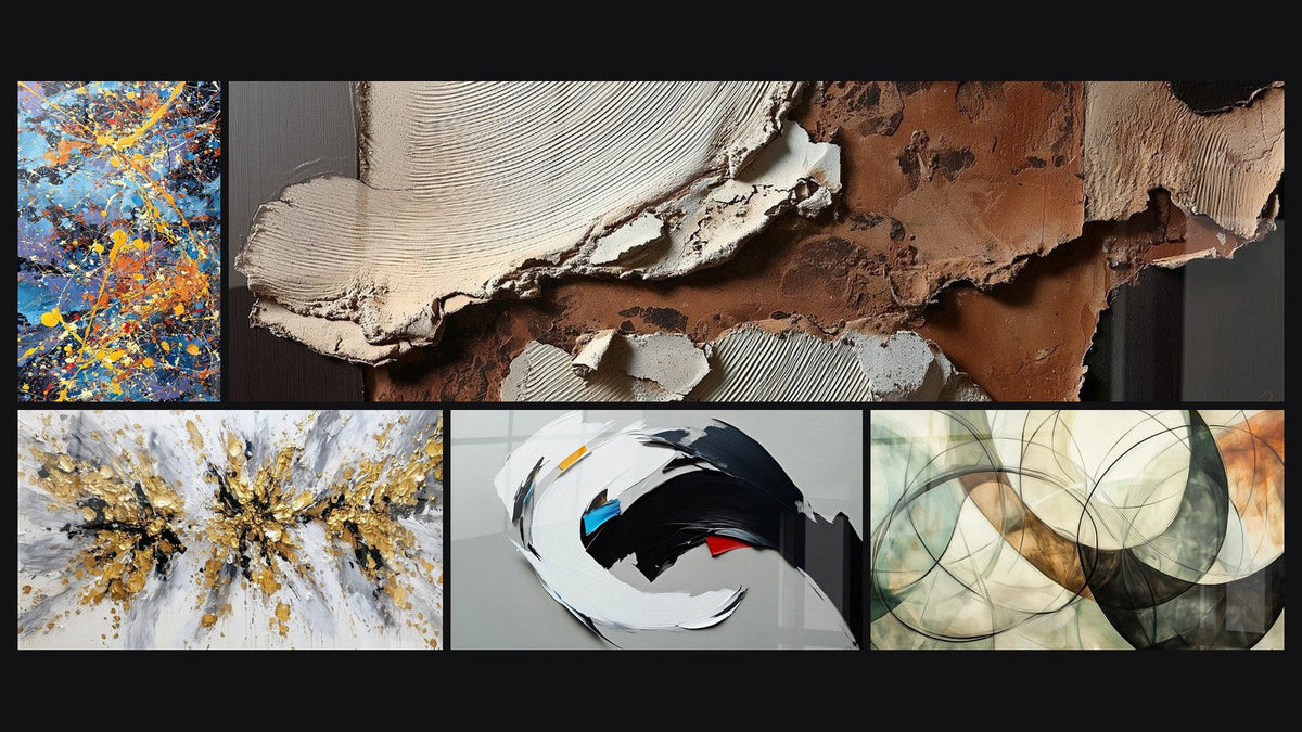 Mosaico di cinque quadri, tra cui Esplosione di colori di, Texture astratte terra e bianco sporco e Astratta dinamica