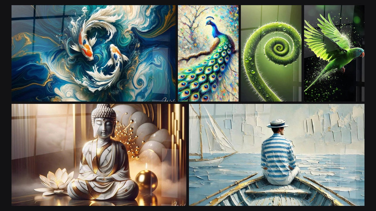 Mosaico di sei quadri, tra cui Danza dei Koi, Bellezza Mistica e Spirale della Vita
