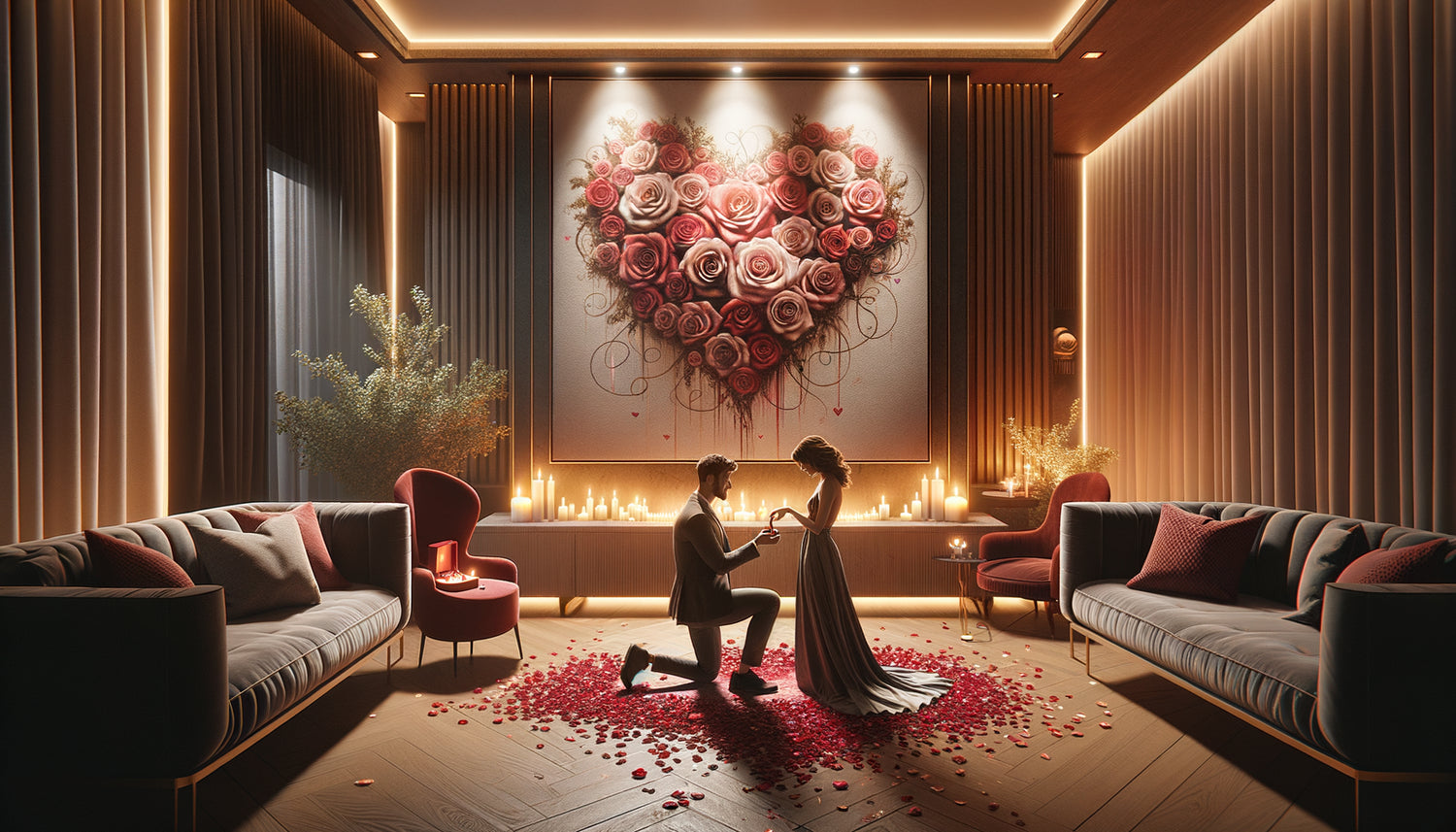 Demande en mariage contemporaine mise en scène devant tableau romantique de Saint-Valentin avec éclairage dramatique