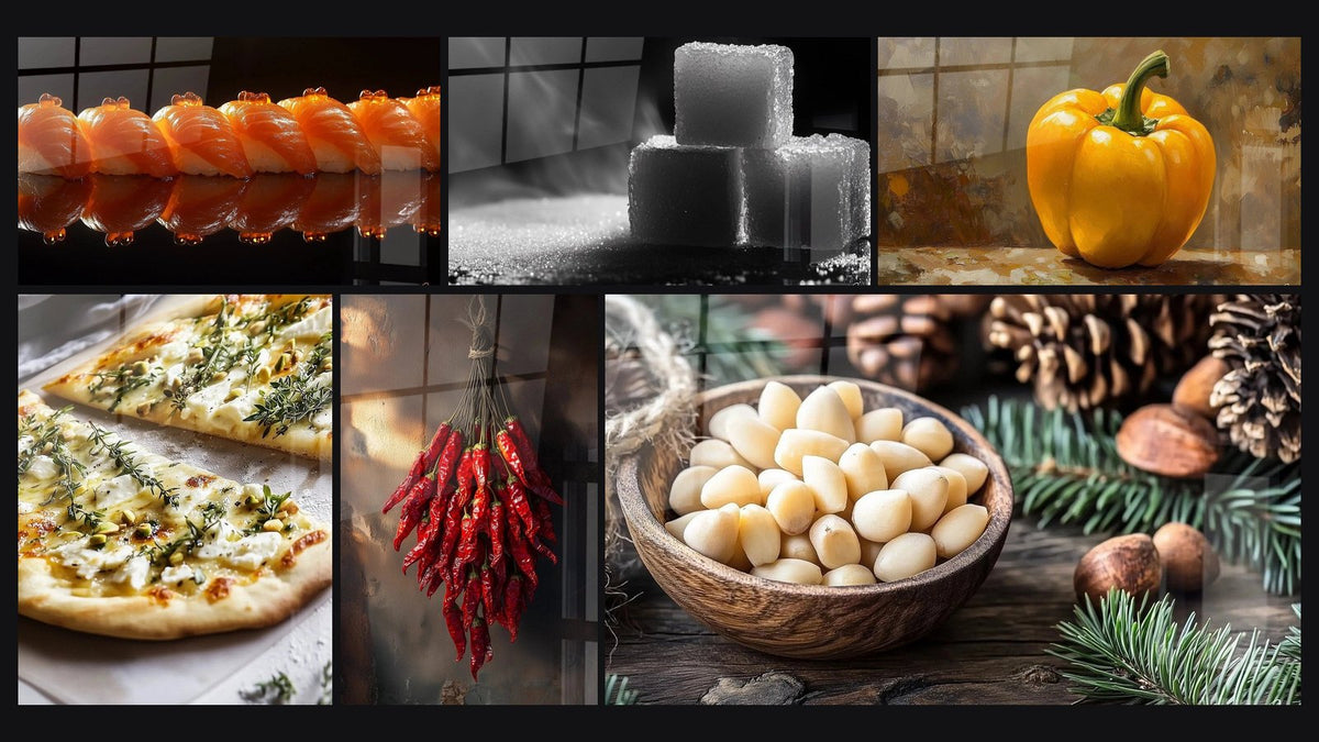 Mosaico di sei quadri, tra cui Zucchero N°1, Peperone N°1 e Peperoncino N°1