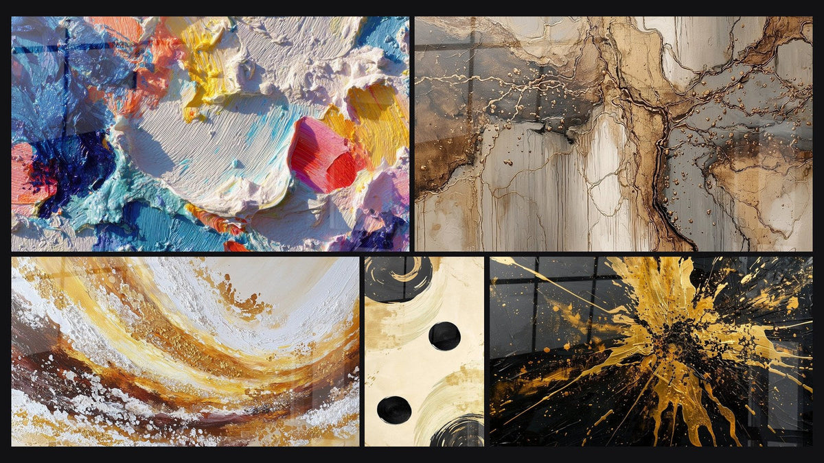 Mosaic of five paintings, including Black Sphere Balance