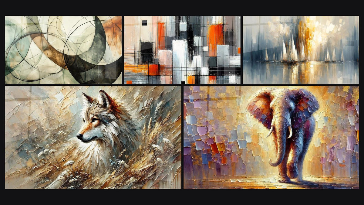 Mosaico di cinque quadri, tra cui I Legami Invisibili, Echo della Foresta e Colosso di Luce