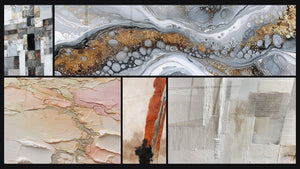 Mosaïque de cinq tableaux, dont Mosaïque Abstraite Gris et Blanc et Abstrait Fluide Gris et Or