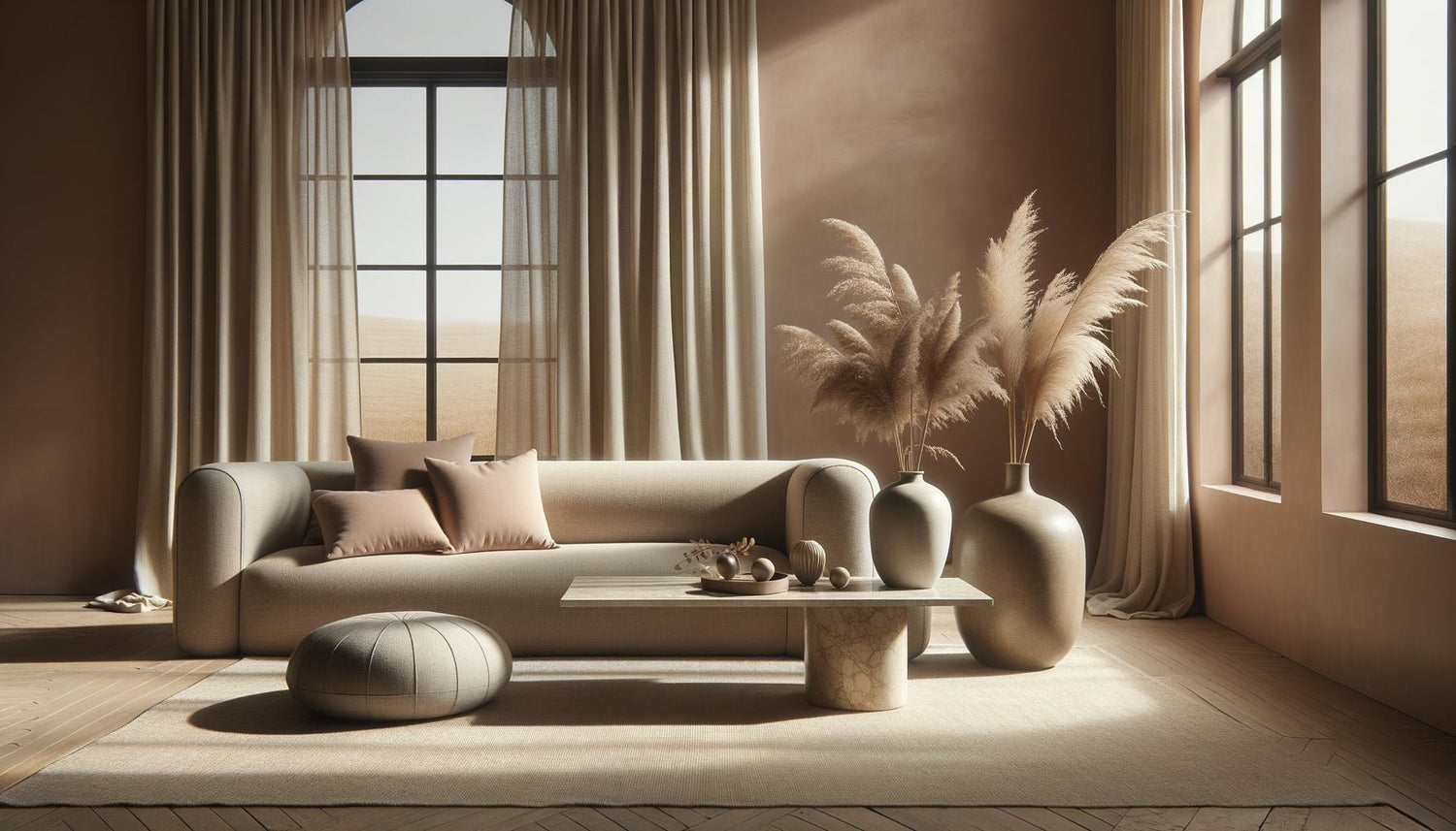 Intérieur minimaliste automne 2025 dans l'esprit Demure Aesthetic avec tons poudrés, matières naturelles et lumière douce illustrant la tendance TikTok 'very demure, very mindful'