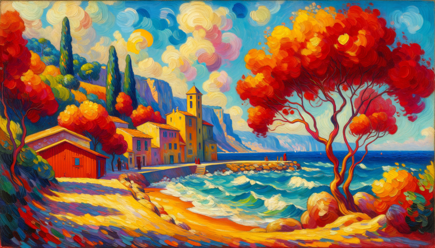 Paysage fauviste aux couleurs intenses dans le style d'André Derain, rouge vermillon, bleu outremer et jaune citron