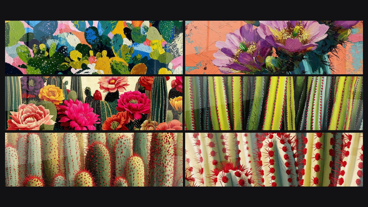 Mosaïque de six tableaux, dont Cactus Colorés Abstraits et Cactus aux Épines Rouges sur Fond Écru