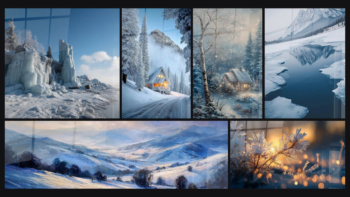 Mosaico di sei quadri, tra cui Paesaggio di ghiaccio spettacolare e Paesaggio montano innevato