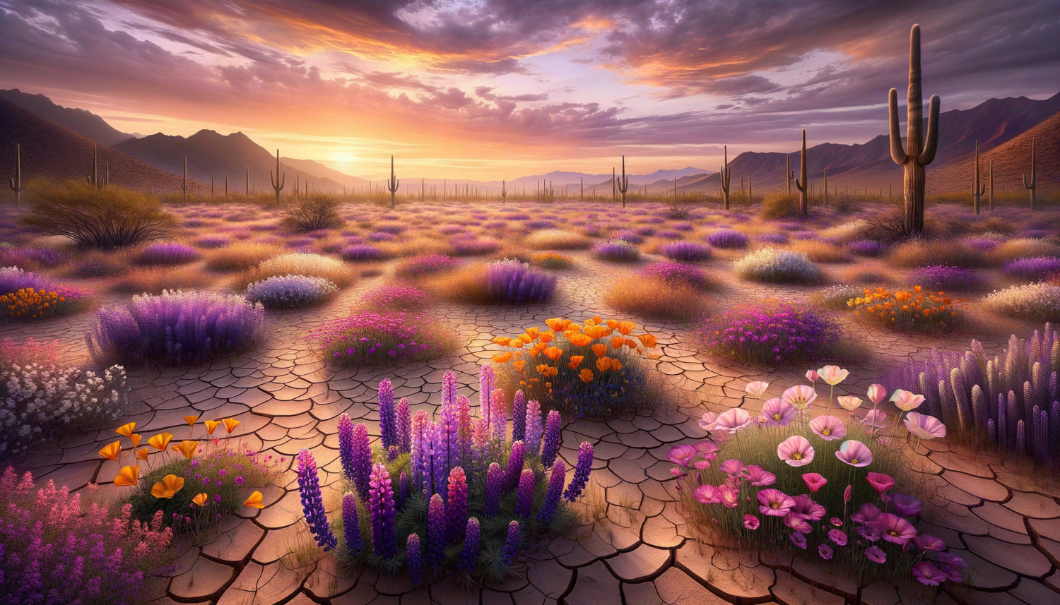 Peinture spirituelle contemporaine représentant le miracle du désert fleuri, explosion florale éphémère sur terre aride