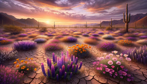Peinture spirituelle contemporaine représentant le miracle du désert fleuri, explosion florale éphémère sur terre aride