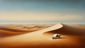 Peinture minimaliste de désert style Georgia O'Keeffe, crâne blanchi et dunes infinies, quête spirituelle intérieure