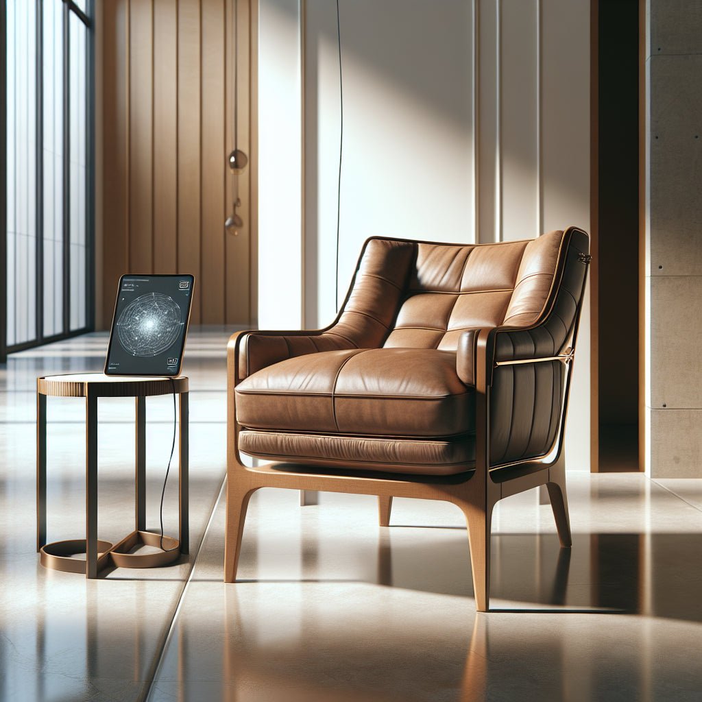 Fauteuil design haut de gamme avec authentification NFT blockchain dans galerie mobilier luxe contemporain