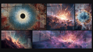 Mosaïque de cinq tableaux, dont Œil cosmique, Nébuleuse stellaire et Explosion cosmique