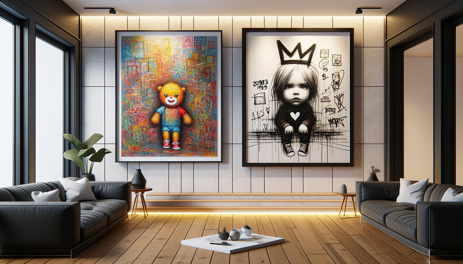 Dessin d'enfant encadré professionnellement côtoyant œuvre style Basquiat sur mur contemporain élégant