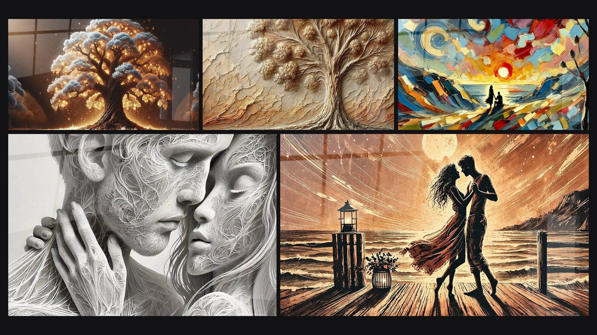 Mosaic of five paintings, including Night Tree, Ancient Tree and Love Art N°1