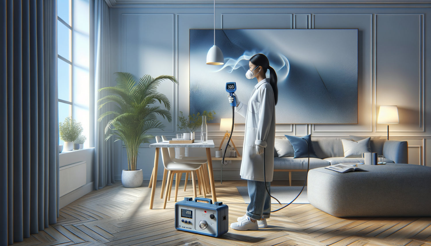 Spécialiste testant la présence de COV dans une impression murale décorative avec appareil de mesure professionnel