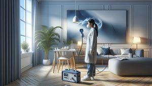 Spécialiste testant la présence de COV dans une impression murale décorative avec appareil de mesure professionnel