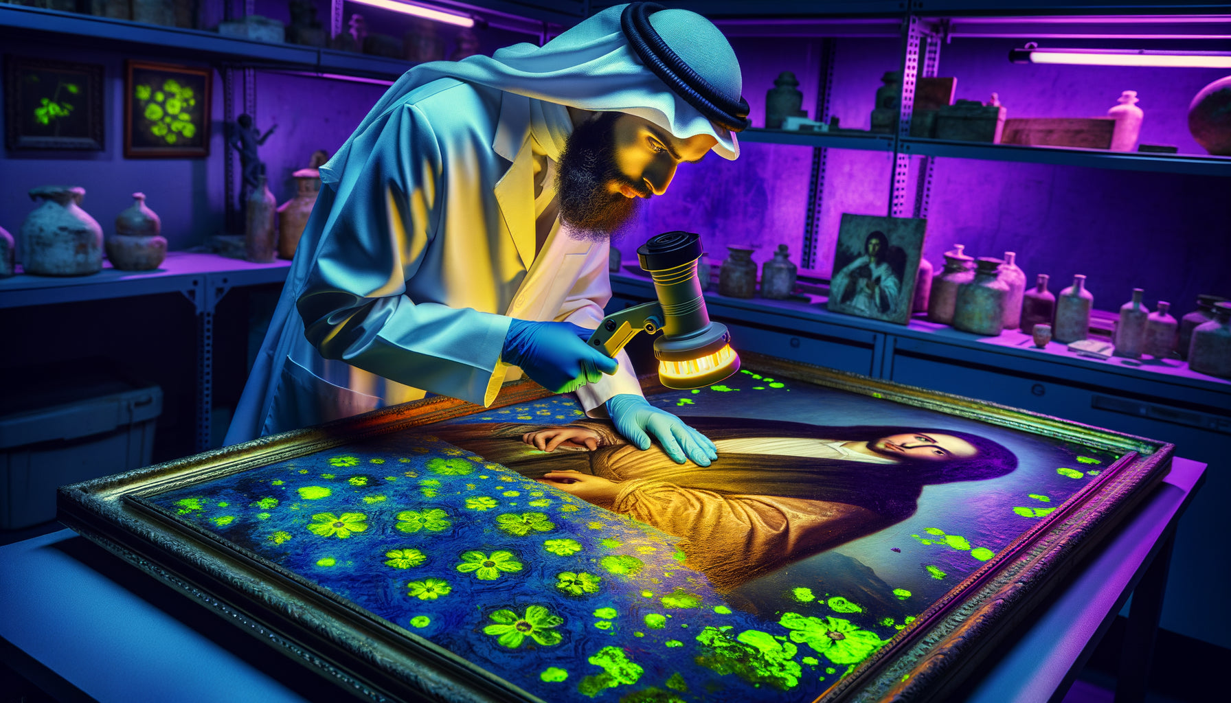 Restaurateur examinant tableau ancien sous lumière ultraviolette révélant repeints fluorescents cachés