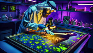 Restaurateur examinant tableau ancien sous lumière ultraviolette révélant repeints fluorescents cachés