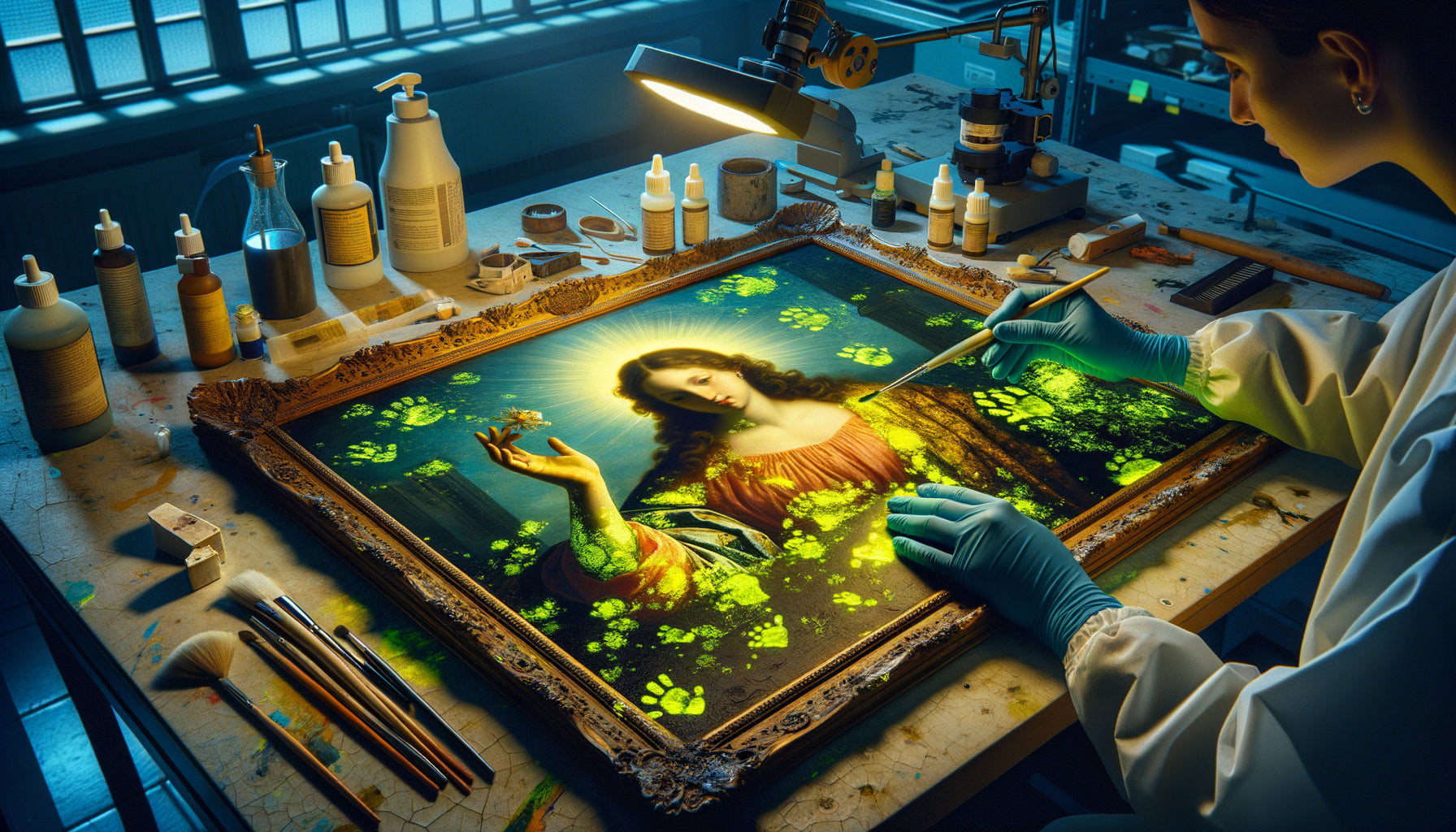 Restaurateur examinant un tableau ancien sous lumière UV révélant les zones de repeints fluorescents